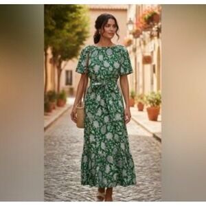 J.Crew Dress Womens 10 Green Floral Midi Waist Wrap Sundress Bubble Sleeves